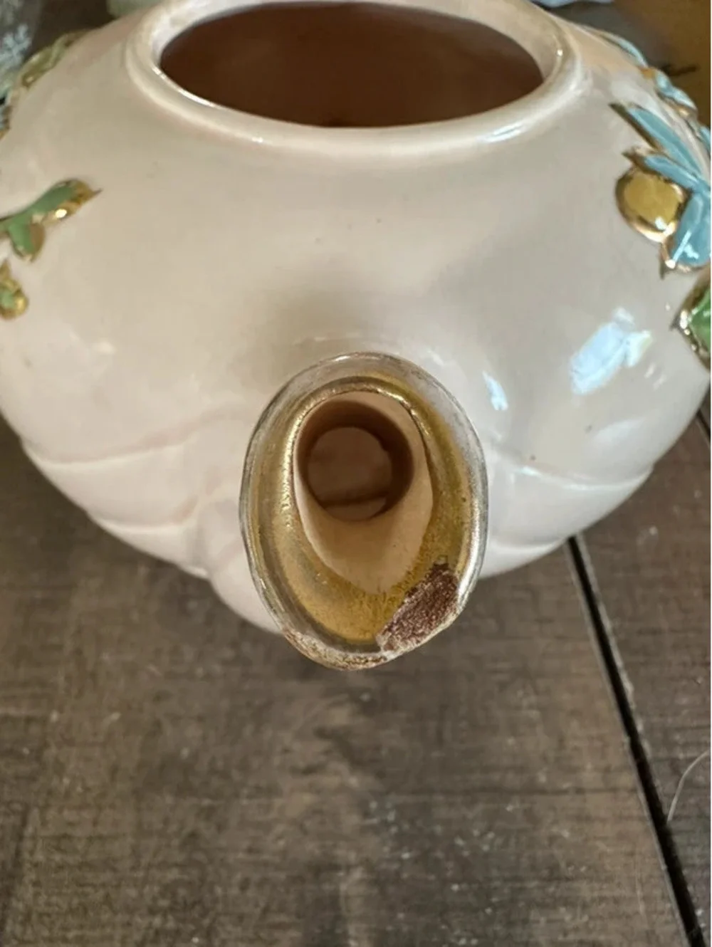 Vintage Hull USA Water Lily Pink Blue Floral Gold Trim Teapot w/Lid Chipped